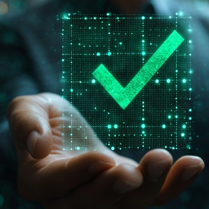 A hand holding a digital checkmark